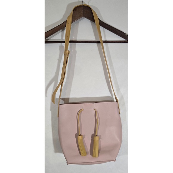 Miniso Pink Bucket Bag Tan Straps Tassel Accent Shoulder Crossbody - Picture 2 of 13